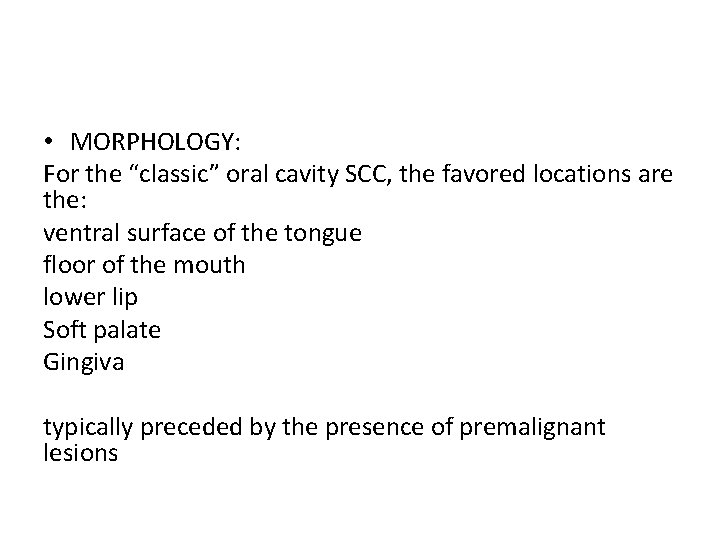  • MORPHOLOGY: For the “classic” oral cavity SCC, the favored locations are the: