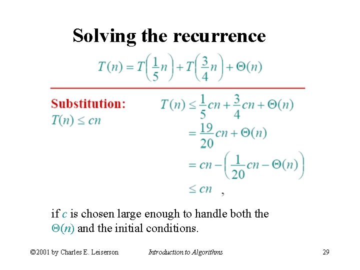 Solving the recurrence if c is chosen large enough to handle both the Θ(n)