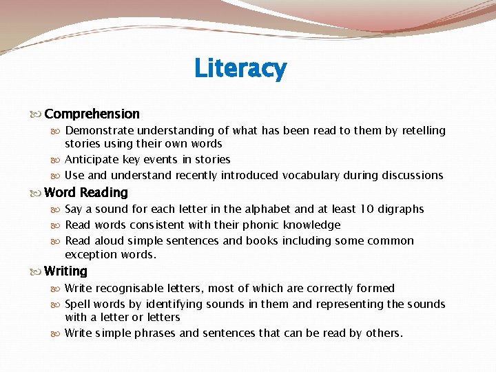 Literacy Comprehension Demonstrate understanding of what has been read to them by retelling stories