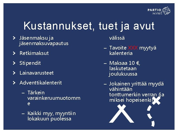 Kustannukset, tuet ja avut Jäsenmaksu ja jäsenmaksuvapautus Retkimaksut Stipendit Lainavarusteet Adventtikalenterit – Tärkein varainkeruumuotomm