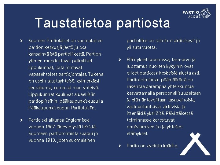 Taustatietoa partiosta Suomen Partiolaiset on suomalaisen partioliike on toiminut aktiivisesti jo partion keskusjärjestö ja Taustatietoa partiosta Suomen Partiolaiset on suomalaisen partioliike on toiminut aktiivisesti jo partion keskusjärjestö ja