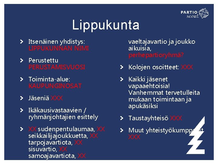 Lippukunta Itsenäinen yhdistys: LIPPUKUNNAN NIMI Perustettu PERUSTAMISVUOSI Toiminta-alue: KAUPUNGINOSAT Jäseniä XXX Ikäkausivastaavien / ryhmänjohtajien