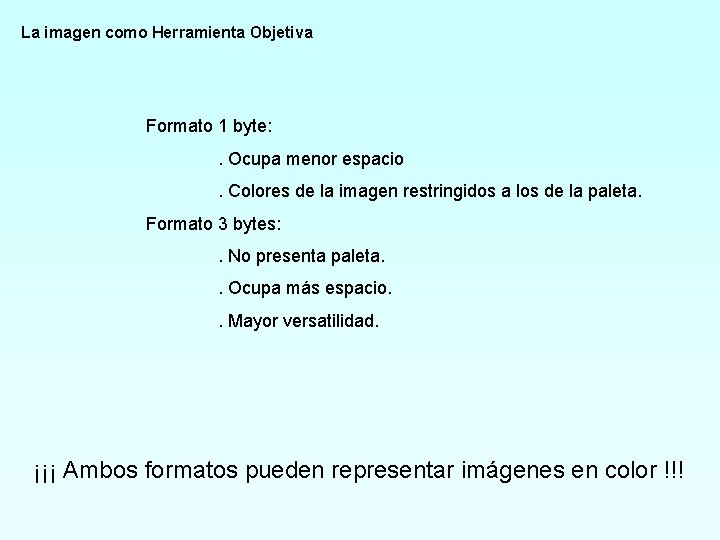 La imagen como Herramienta Objetiva Formato 1 byte: . Ocupa menor espacio. Colores de