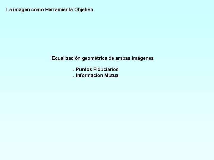 La imagen como Herramienta Objetiva Ecualización geométrica de ambas imágenes. Puntos Fiduciarios. Información Mutua