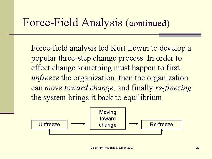 Force-Field Analysis (continued) Force-field analysis led Kurt Lewin to develop a popular three-step change