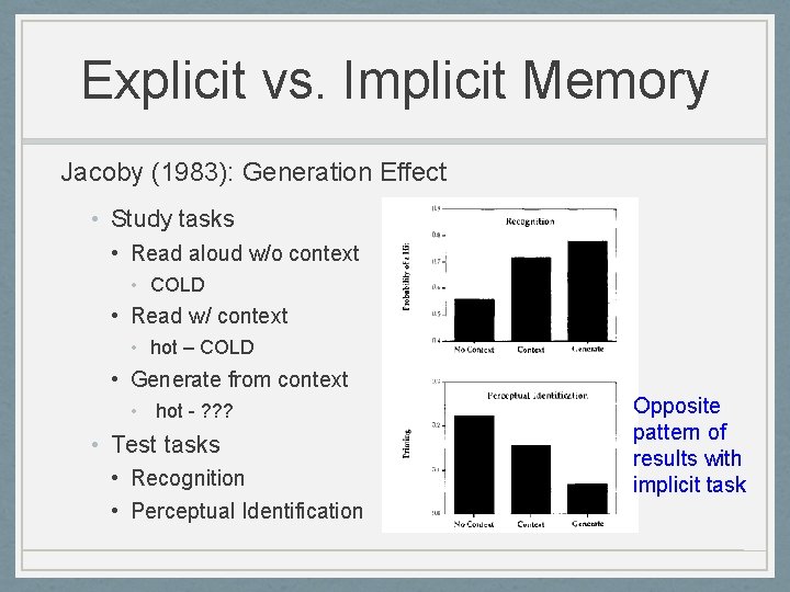 Explicit vs. Implicit Memory Jacoby (1983): Generation Effect • Study tasks • Read aloud