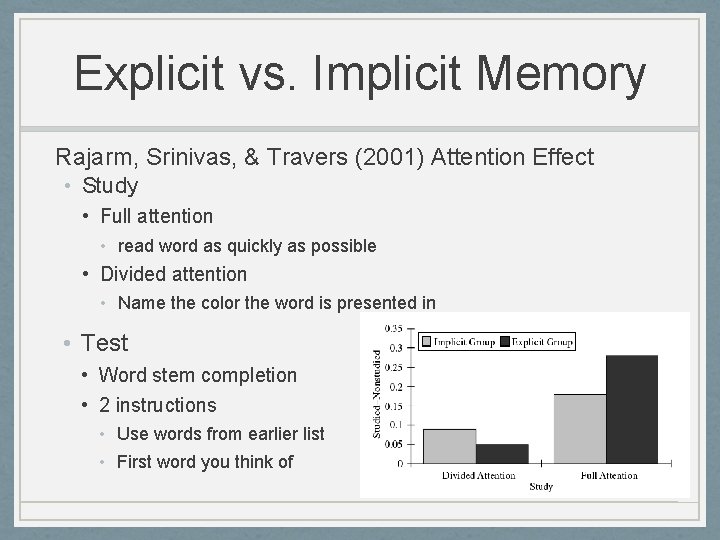 Explicit vs. Implicit Memory Rajarm, Srinivas, & Travers (2001) Attention Effect • Study •