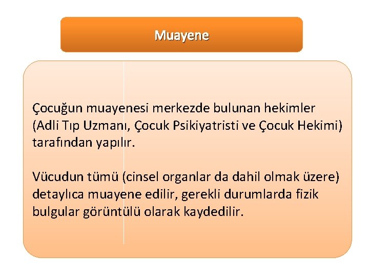 Muayene Çocuğun muayenesi merkezde bulunan hekimler (Adli Tıp Uzmanı, Çocuk Psikiyatristi ve Çocuk Hekimi)