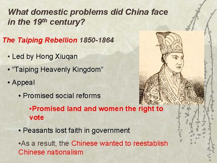 What domestic problems did China face in the 19 th century? The Taiping Rebellion