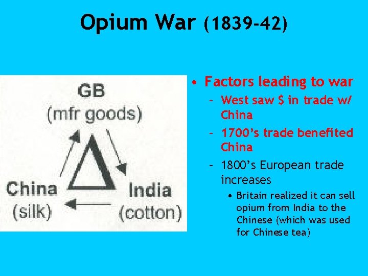 Opium War (1839 -42) • Factors leading to war – West saw $ in