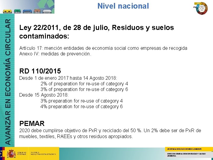 AVANZAR EN ECONOMÍA CIRCULAR Nivel nacional Ley 22/2011, de 28 de julio, Residuos y