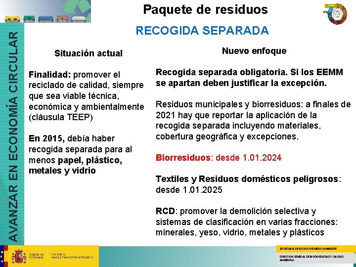 AVANZAR EN ECONOMÍA CIRCULAR Paquete de residuos RECOGIDA SEPARADA Situación actual Finalidad: promover el