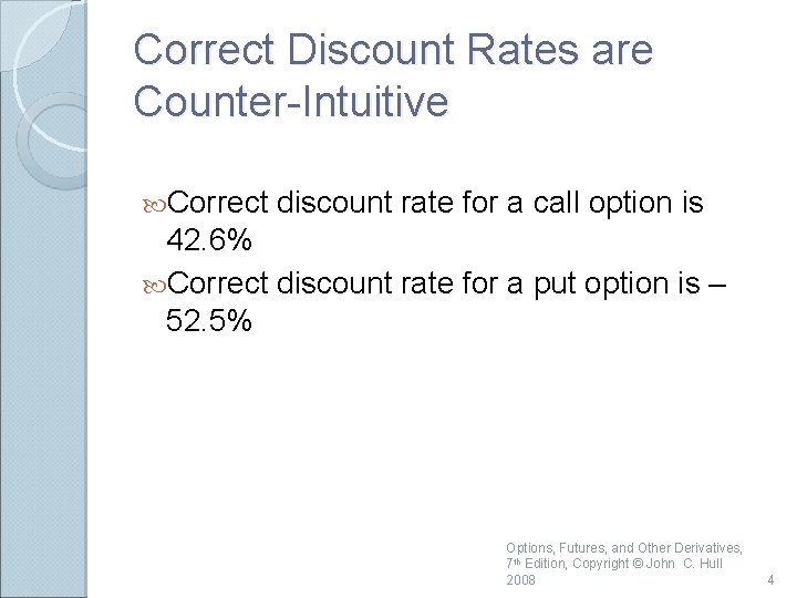 Correct Discount Rates are Counter-Intuitive Correct discount rate for a call option is 42.