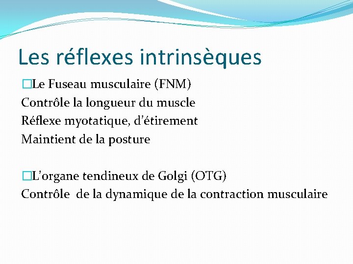 Les réflexes intrinsèques �Le Fuseau musculaire (FNM) Contrôle la longueur du muscle Réflexe myotatique,
