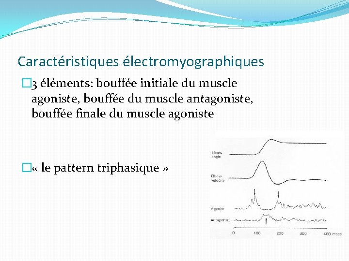 Caractéristiques électromyographiques � 3 éléments: bouffée initiale du muscle agoniste, bouffée du muscle antagoniste,