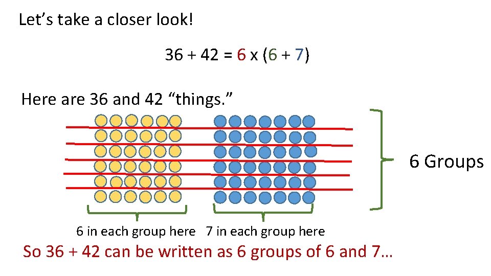 Let’s take a closer look! 36 + 42 = 6 x (6 + 7)