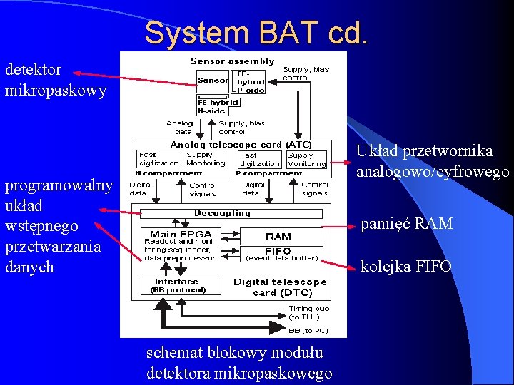 System BAT cd. detektor mikropaskowy Układ przetwornika analogowo/cyfrowego programowalny układ wstępnego przetwarzania danych pamięć