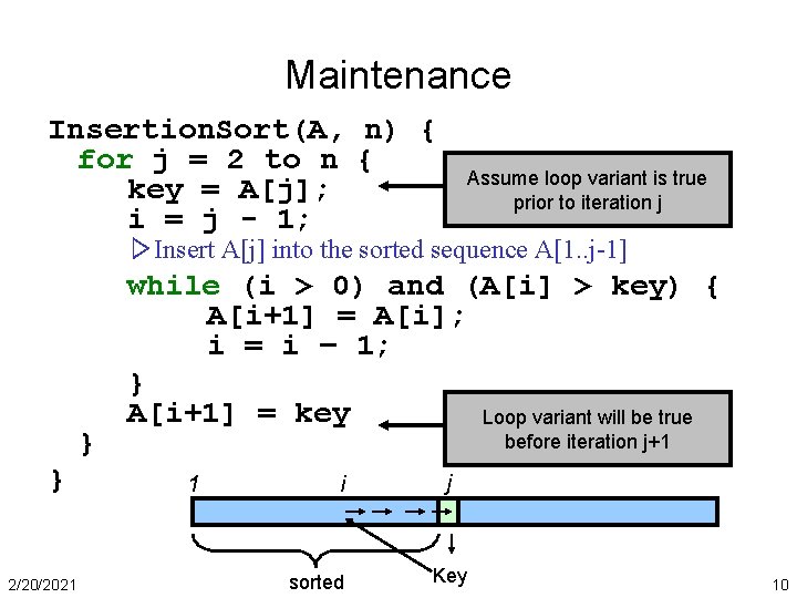 Maintenance Insertion. Sort(A, n) { for j = 2 to n { key =