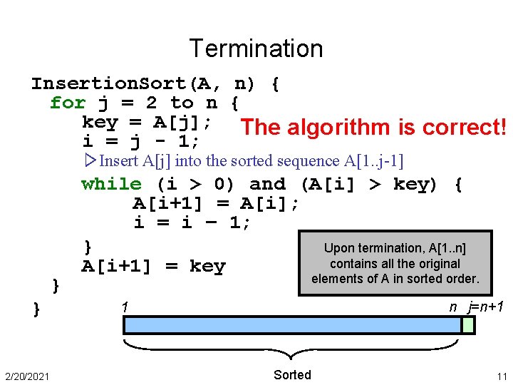 Termination Insertion. Sort(A, n) { for j = 2 to n { key =