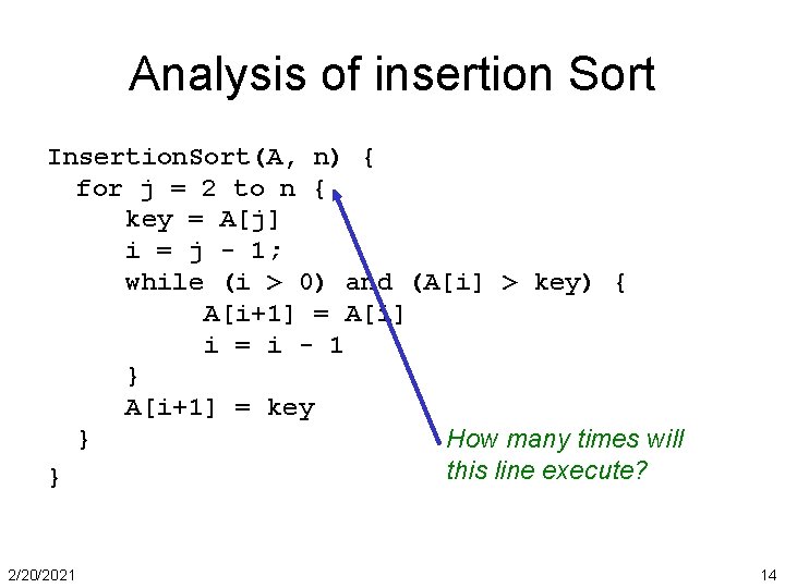 Analysis of insertion Sort Insertion. Sort(A, n) { for j = 2 to n