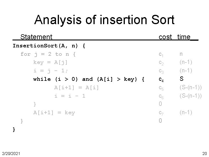 Analysis of insertion Sort Statement Insertion. Sort(A, n) { for j = 2 to