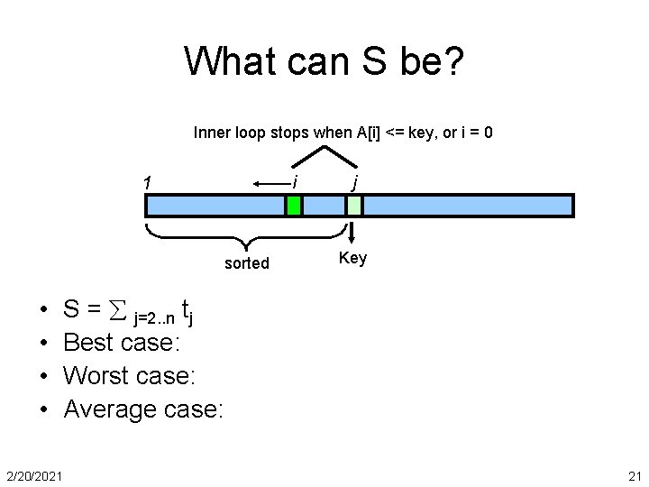 What can S be? Inner loop stops when A[i] <= key, or i =