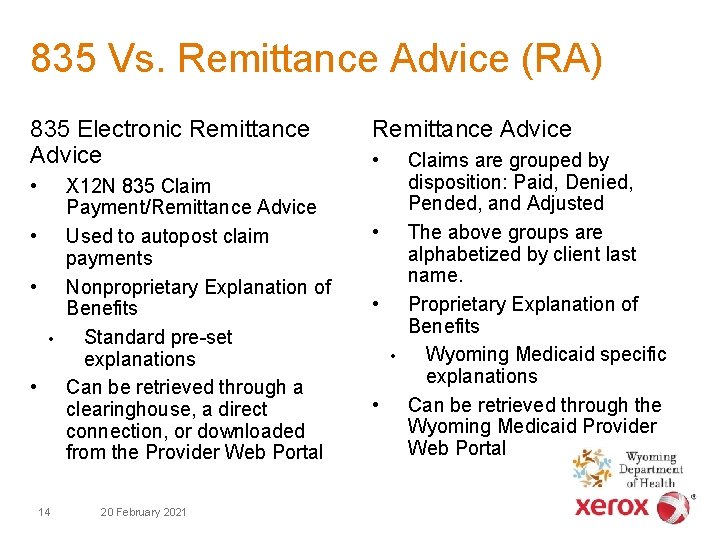 835 Vs. Remittance Advice (RA) 835 Electronic Remittance Advice • • • 14 X