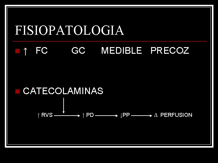 FISIOPATOLOGIA n ↑ FC n CATECOLAMINAS ↑ RVS GC ↑ PD MEDIBLE PRECOZ ↓PP