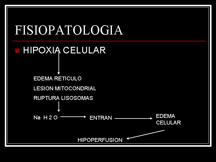 FISIOPATOLOGIA n HIPOXIA CELULAR EDEMA RETICULO LESION MITOCONDRIAL RUPTURA LISOSOMAS Na H 2 O