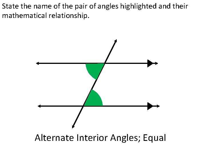 State the name of the pair of angles highlighted and their mathematical relationship. Alternate