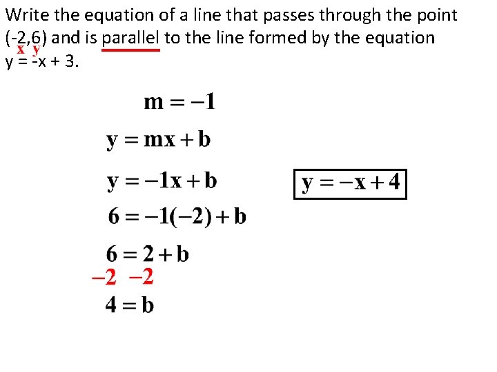 Write the equation of a line that passes through the point (-2, 6) and