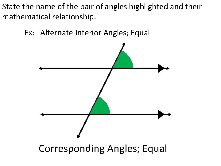 State the name of the pair of angles highlighted and their mathematical relationship. Ex: