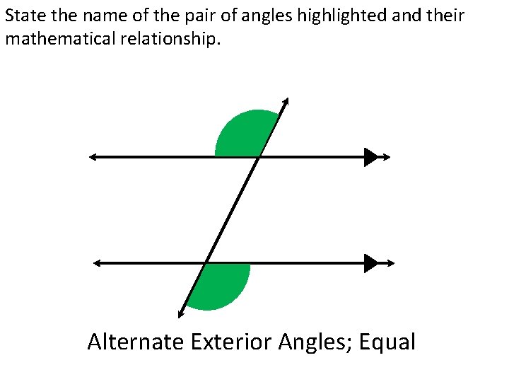 State the name of the pair of angles highlighted and their mathematical relationship. Alternate