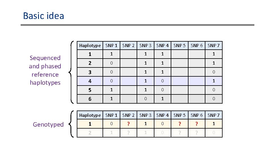 Basic idea Haplotype SNP 1 SNP 2 SNP 3 SNP 4 SNP 5 SNP Basic idea Haplotype SNP 1 SNP 2 SNP 3 SNP 4 SNP 5 SNP