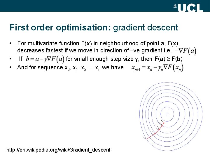 First order optimisation: gradient descent • For multivariate function F(x) in neighbourhood of point