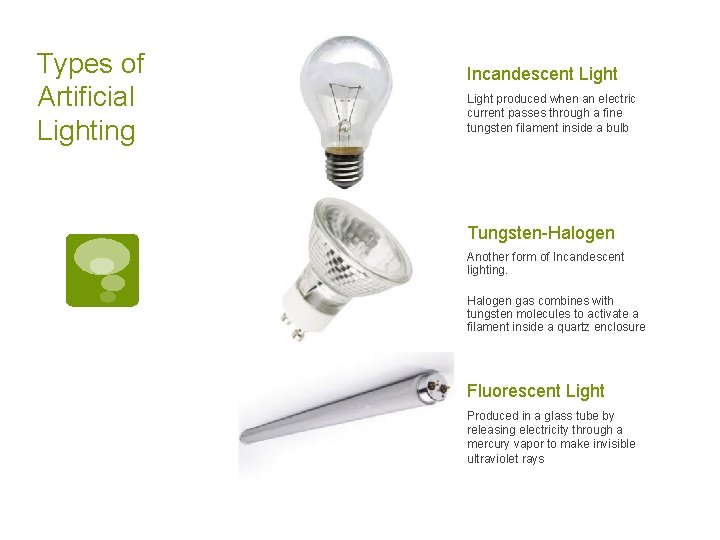 Types of Artificial Lighting Incandescent Light produced when an electric current passes through a