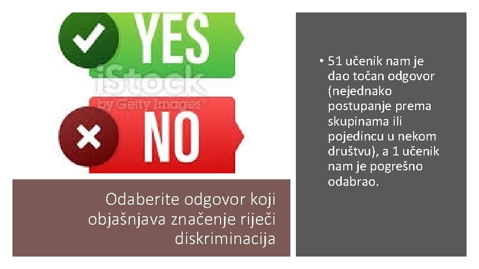 Odaberite odgovor koji objašnjava značenje riječi diskriminacija • 51 učenik nam je dao točan