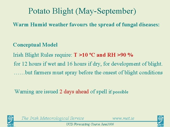 Potato Blight (May-September) Warm Humid weather favours the spread of fungal diseases: Conceptual Model