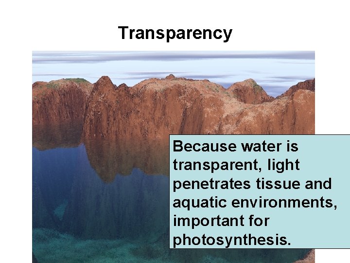 Transparency Because water is transparent, light penetrates tissue and aquatic environments, important for photosynthesis.