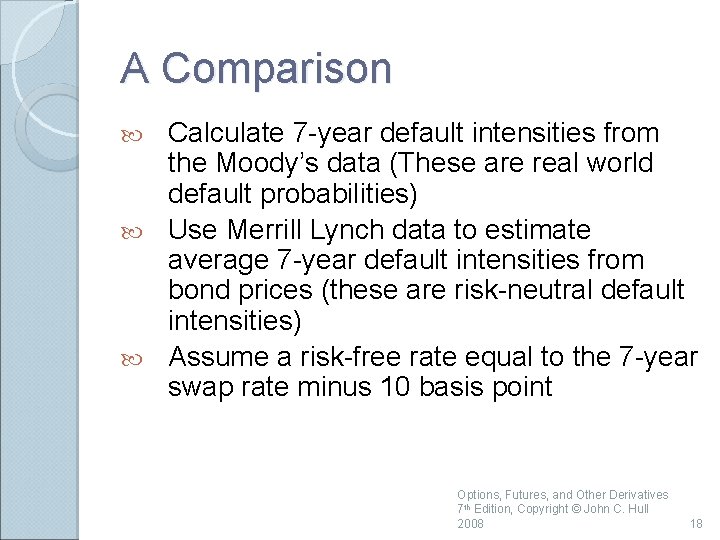 A Comparison Calculate 7 -year default intensities from the Moody’s data (These are real