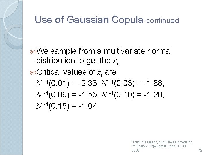 Use of Gaussian Copula continued We sample from a multivariate normal distribution to get