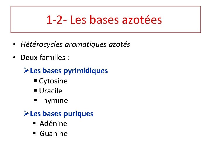 1‐ 2‐ Les bases azotées • Hétérocycles aromatiques azotés • Deux familles : Les