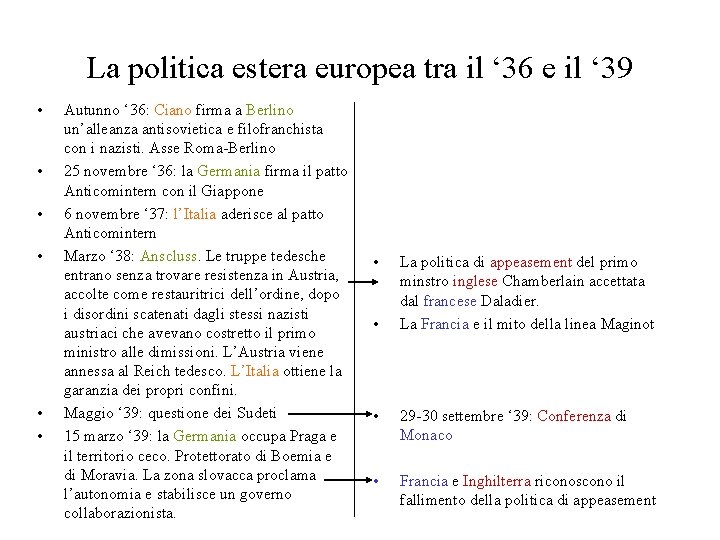 La politica estera europea tra il ‘ 36 e il ‘ 39 • •