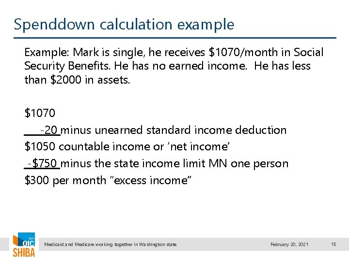 Spenddown calculation example Example: Mark is single, he receives $1070/month in Social Security Benefits.