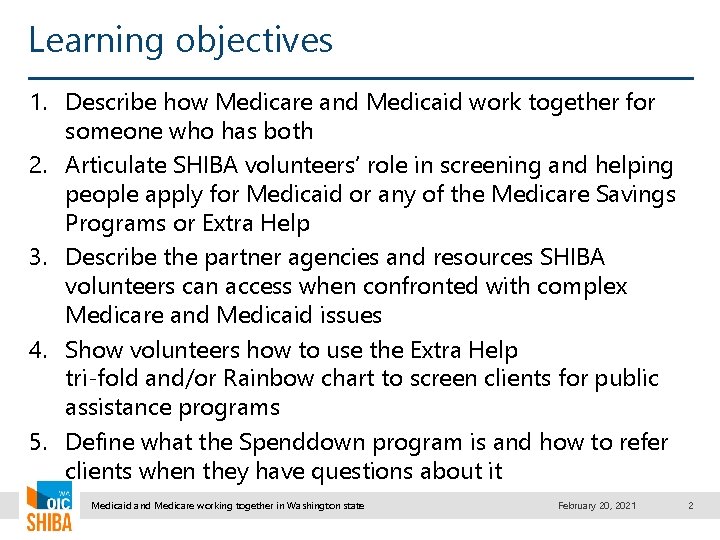 Learning objectives 1. Describe how Medicare and Medicaid work together for someone who has