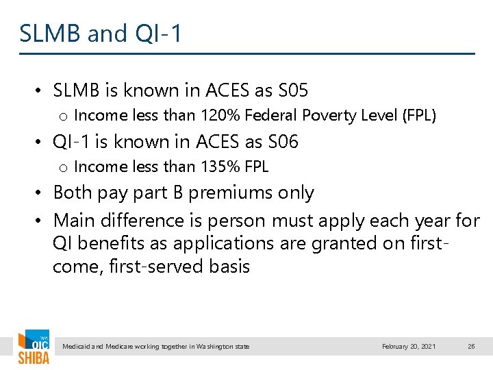 SLMB and QI-1 • SLMB is known in ACES as S 05 o Income