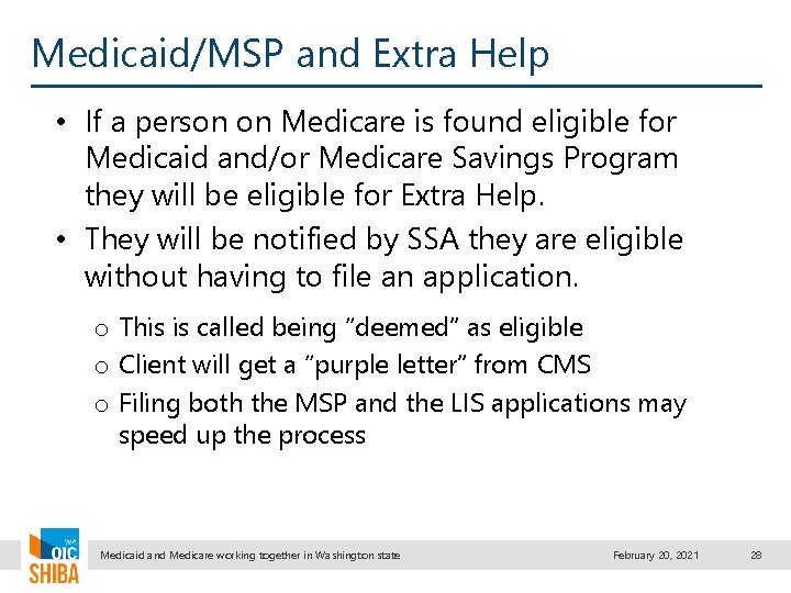 Medicaid/MSP and Extra Help • If a person on Medicare is found eligible for
