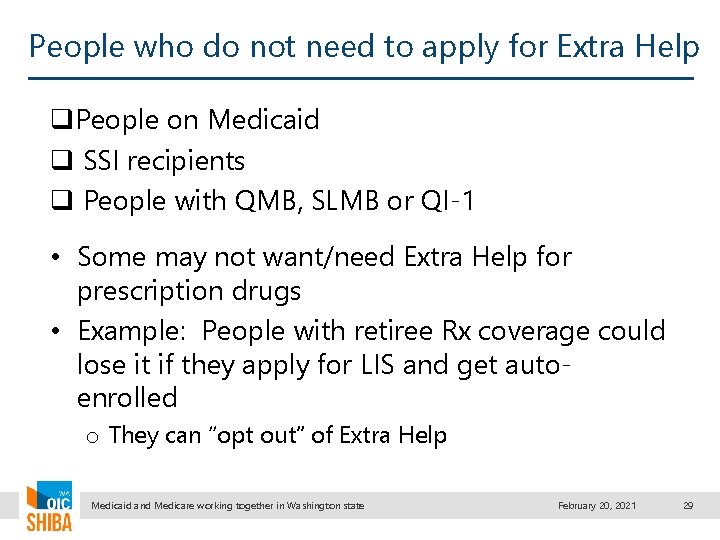 People who do not need to apply for Extra Help q. People on Medicaid