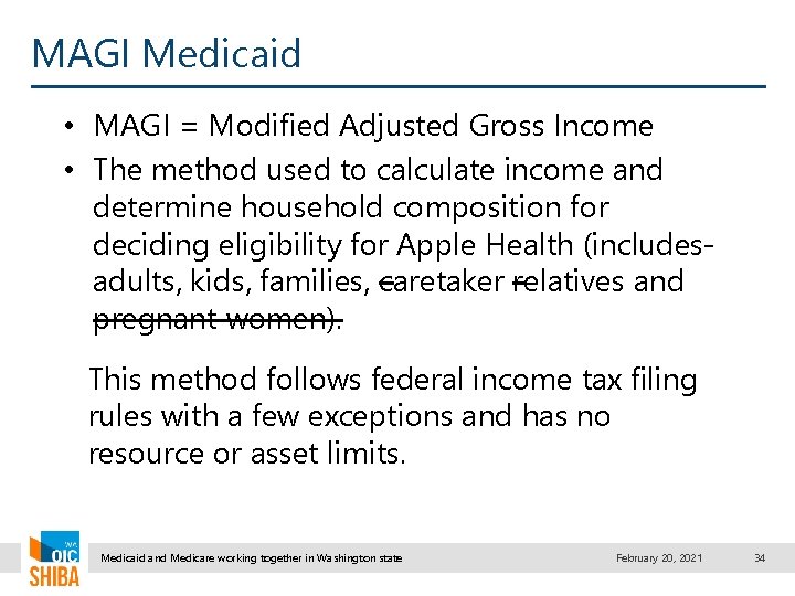 MAGI Medicaid • MAGI = Modified Adjusted Gross Income • The method used to