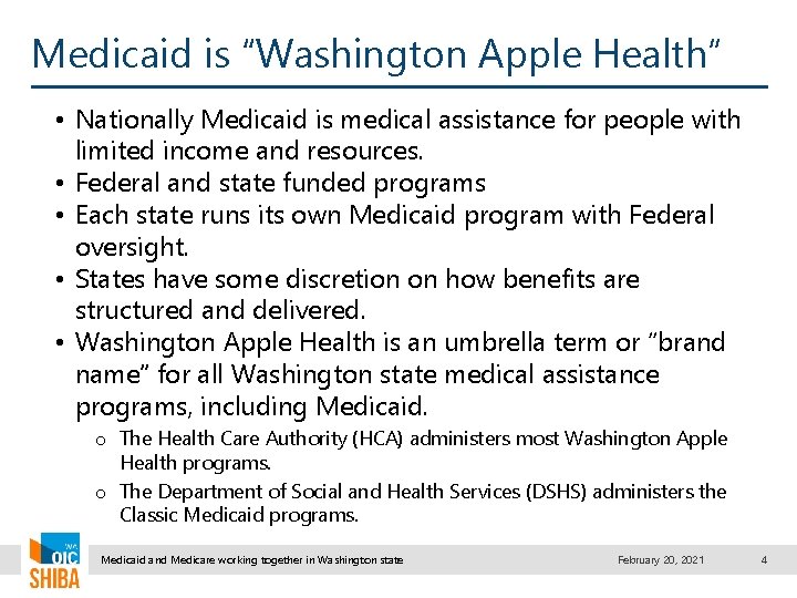 Medicaid is “Washington Apple Health” • Nationally Medicaid is medical assistance for people with